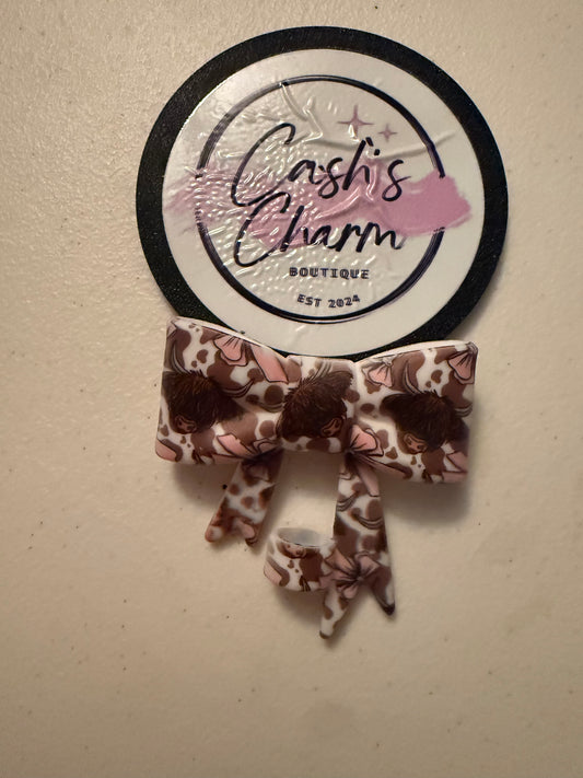 BrownHighland Cow and Pink Bow Straw Topper