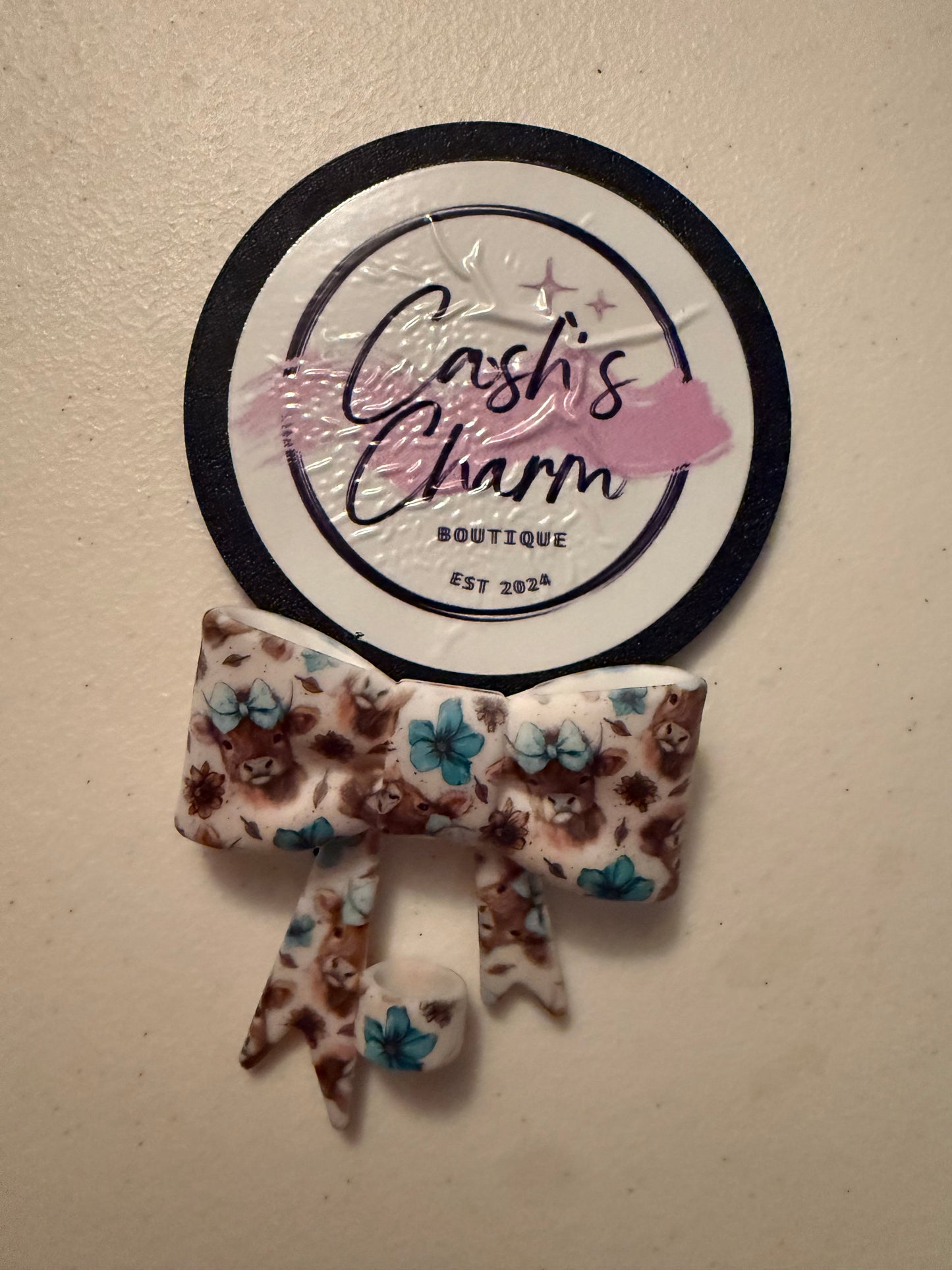Teal Cow with Teal Bow Straw Topper